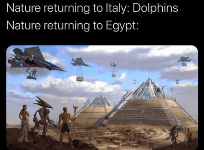 Futuristic Ancient Egypt landscape with pyramids, advanced flying machines, and humanoid figures in a meme format.