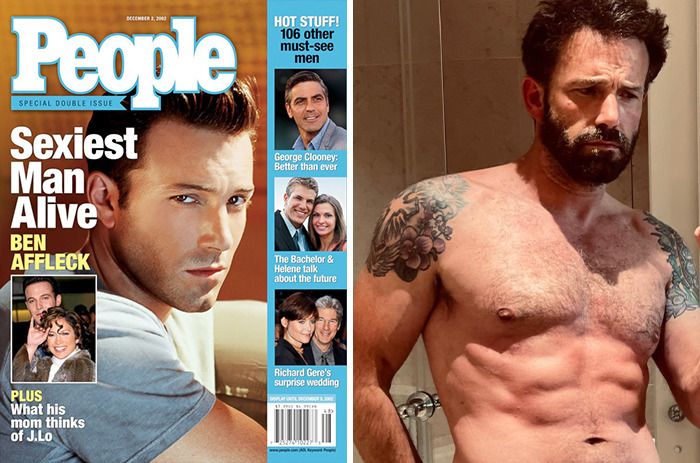 People's last Sexiest Man Alive winners Ben Affleck on magazine cover and shirtless with tattoos in mirror selfie.
