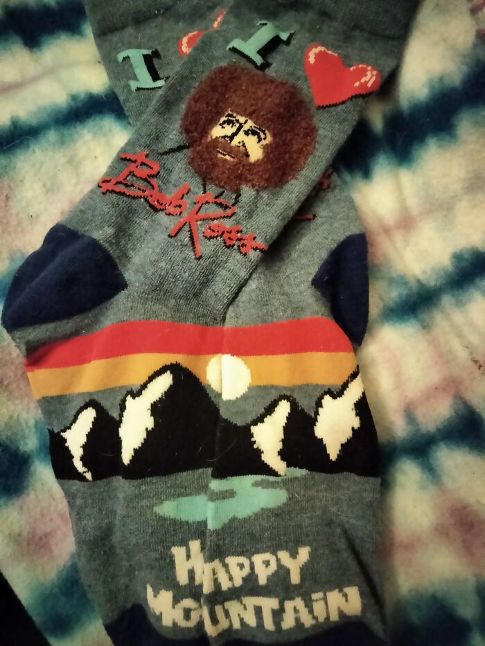 My Bob Ross Socks. His Hair And Beard Are Fuzzy!