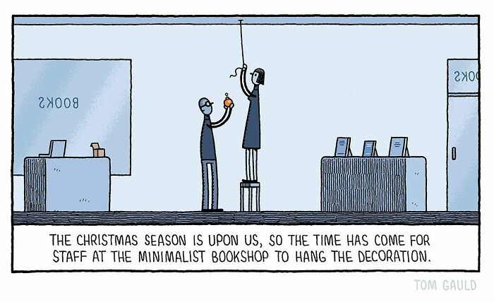 Minimalist bookshop staff hanging a decoration, illustrating art and science in Tom Gauld’s tiny comics style.