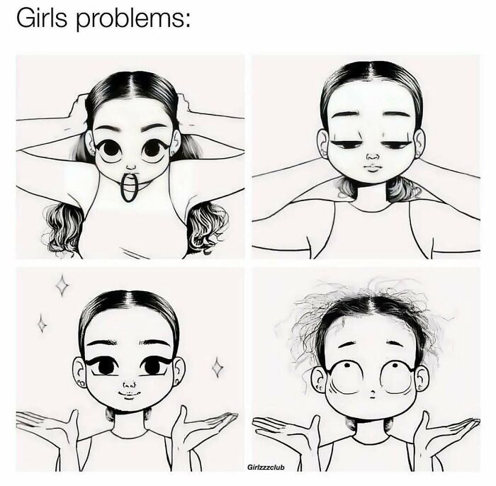Illustration of a girl showing makeup and fashion diva life problems with neat and messy hair transformations.