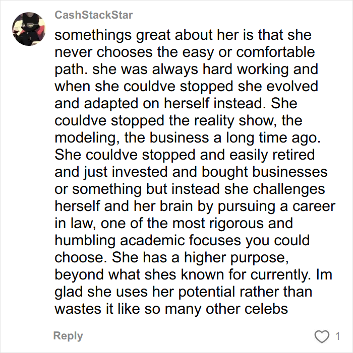 Comment praising Kim Kardashian's hard work and dedication despite failing the bar exam multiple times. Comment praising Kim Kardashian's hard work and dedication despite failing the bar exam multiple times.