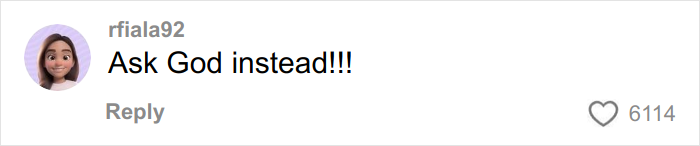 Comment reading Ask God instead by user rfiala92 with 6114 likes, referencing Kim Kardashian's excuses for failing the bar exam. Comment reading Ask God instead by user rfiala92 with 6114 likes, referencing Kim Kardashian's excuses for failing the bar exam.