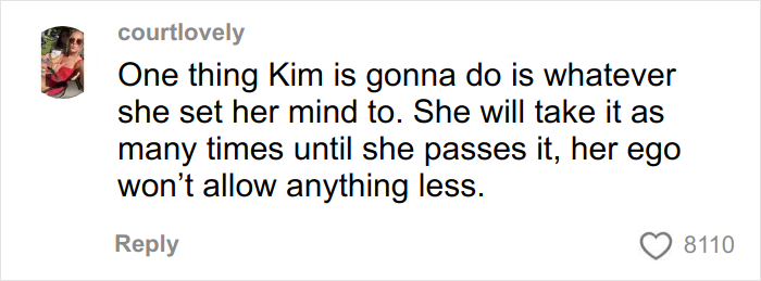 Comment on social media supporting Kim Kardashian's determination despite failing the bar exam and addressing excuses. Comment on social media supporting Kim Kardashian's determination despite failing the bar exam and addressing excuses.