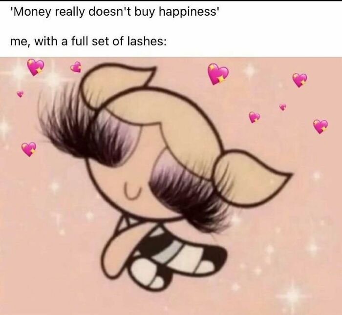 Cartoon character with oversized false lashes and heart emojis, humorous meme about makeup, fashion, and diva life.