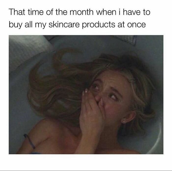 Young woman lying down looking stressed, holding hand over mouth, relating to makeup and diva life humor meme.