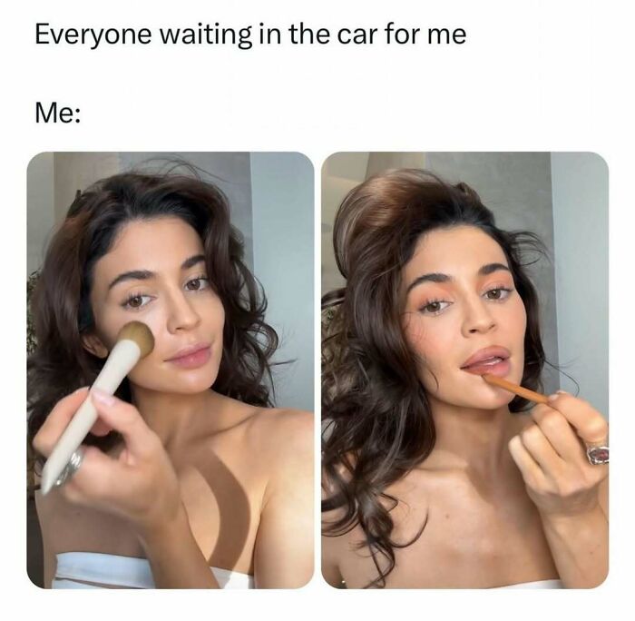 Woman applying makeup with brush and lip liner, illustrating relatable memes about makeup, fashion, and the diva life.