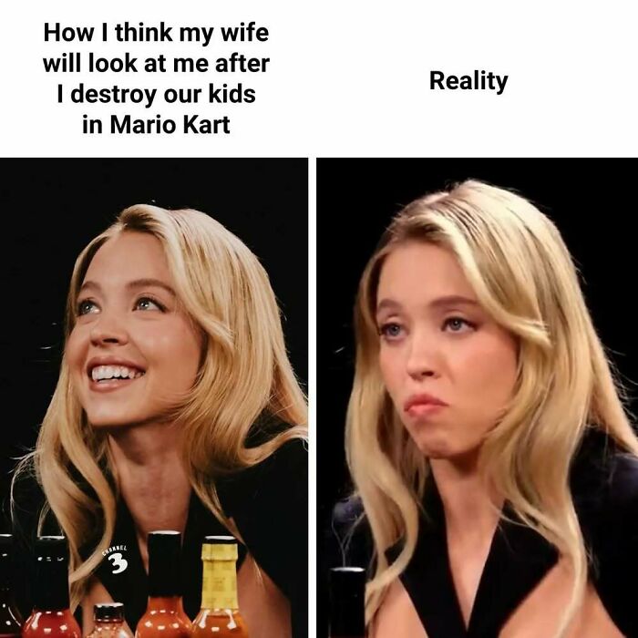 Woman smiling optimistically then looking disappointed, illustrating memes for dads who just want to game in peace.