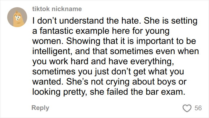 TikTok comment defending Kim Kardashian’s excuses for failing the bar exam, highlighting her example for young women. TikTok comment defending Kim Kardashian’s excuses for failing the bar exam, highlighting her example for young women.