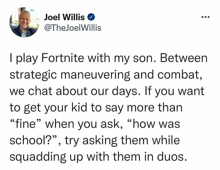 Tweet about playing Fortnite with son, connecting through gaming, a funny meme relatable for dads wanting to game in peace.