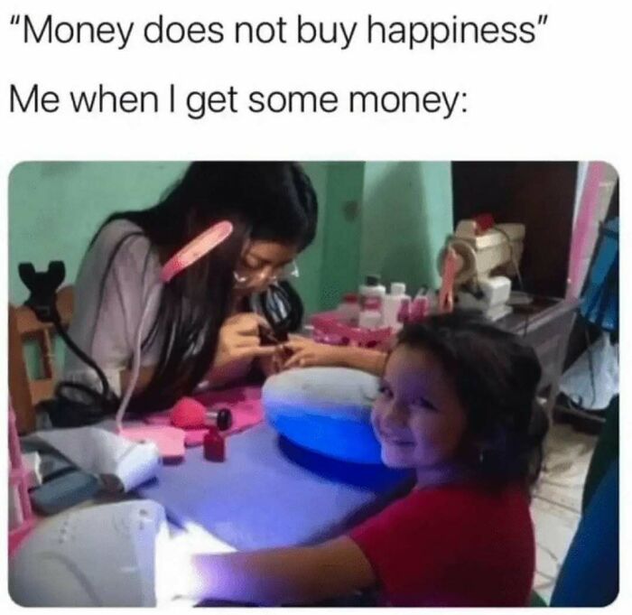 Child smiling while getting a manicure, illustrating makeup, fashion, and diva life humor in a meme format.