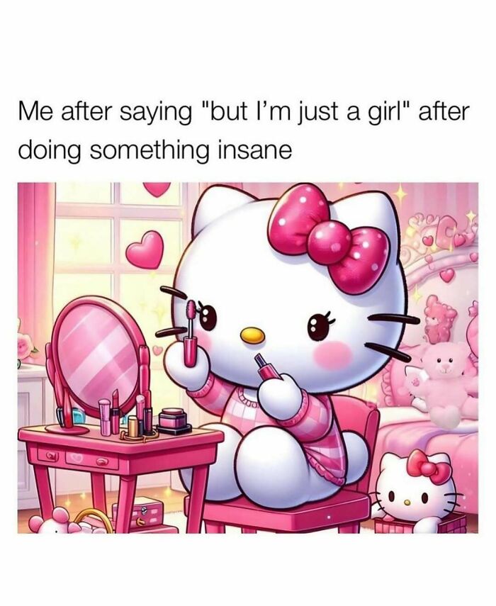 Cartoon character applying makeup at vanity, surrounded by pink decor, illustrating makeup and diva life humor meme.