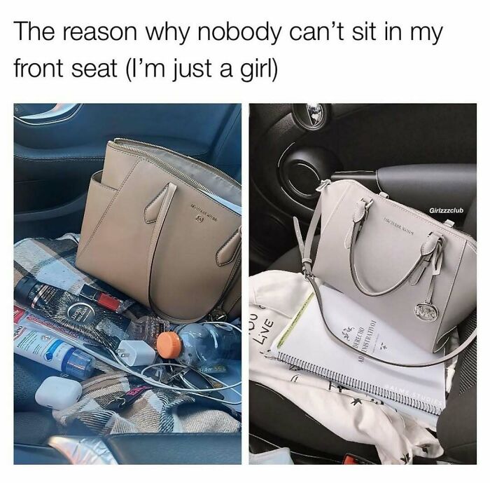 Handbags and beauty products on car seats illustrating makeup, fashion, and diva life essentials for women drivers.