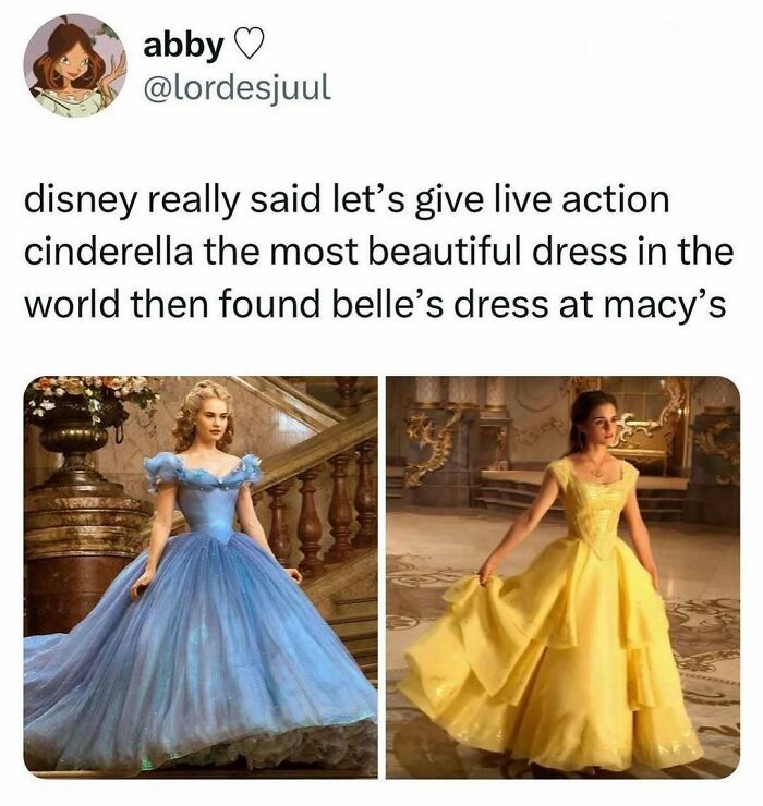 Meme comparing Cinderella’s iconic elegant dress and Belle’s simpler yellow dress with fashion and makeup humor.