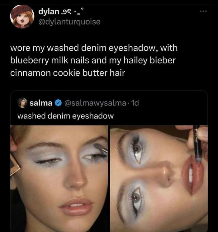 Makeup meme featuring washed denim eyeshadow and fashion style inspired by diva life trends on social media.