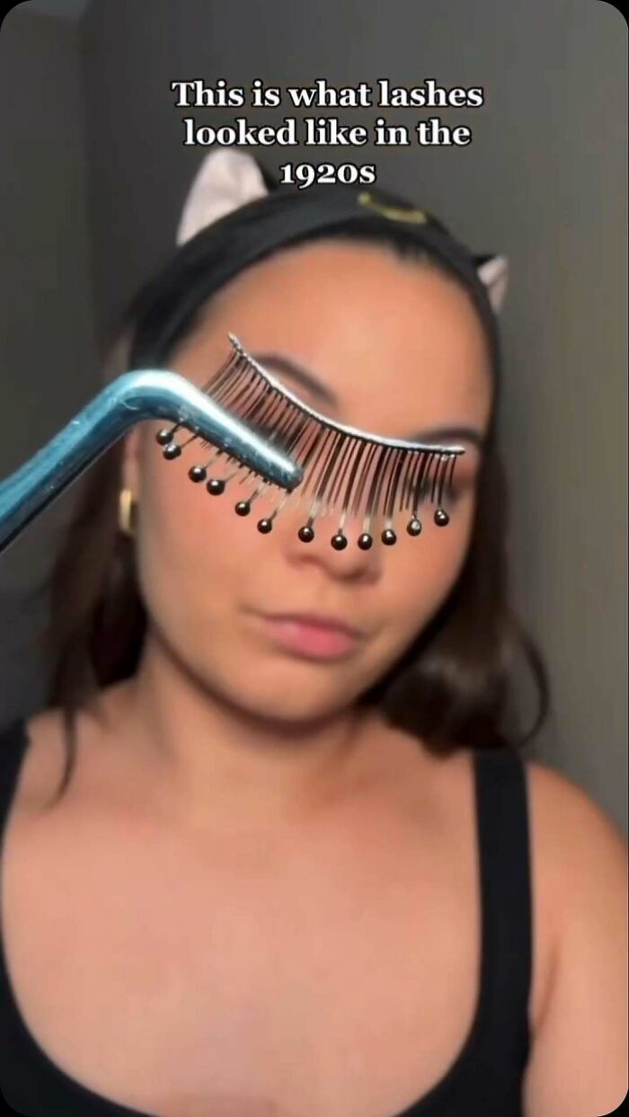 Woman holding vintage style false eyelashes with text about 1920s lashes makeup fashion and diva life meme.