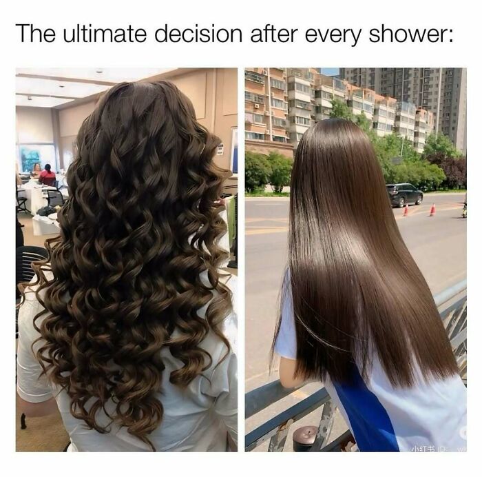 Comparison of curly and straight hairstyles, highlighting makeup, fashion, and diva life hair decisions after a shower.