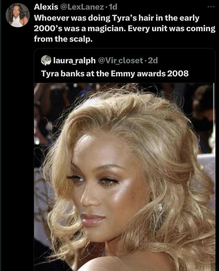 Tyra Banks with glamorous makeup and styled hair at the 2008 Emmy awards, showcasing fashion and diva life vibes.