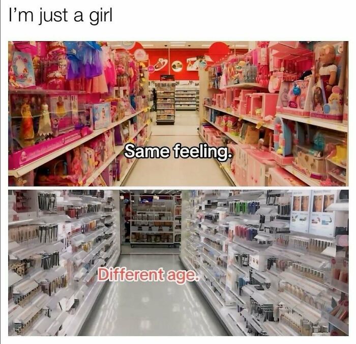 A toy aisle and a makeup aisle in a store side by side representing makeup and fashion diva life memes.