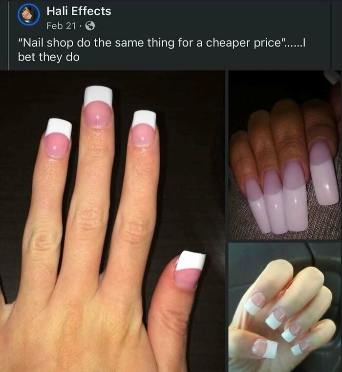 Close-up of various manicured nails illustrating makeup, fashion, and diva life humor in nail art memes.