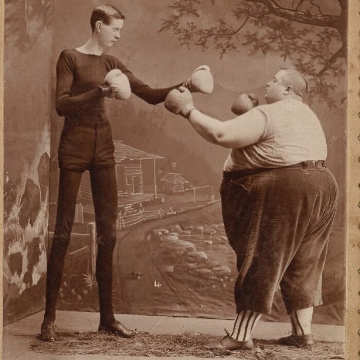 Victorian era odd boxing match showing a tall thin man and a short overweight man wearing gloves and posing to fight.