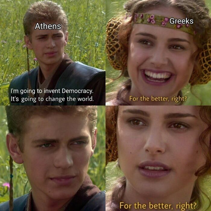 Scene from a history meme with characters labeled Athens and Greeks discussing democracy in a hilarious history memes style.