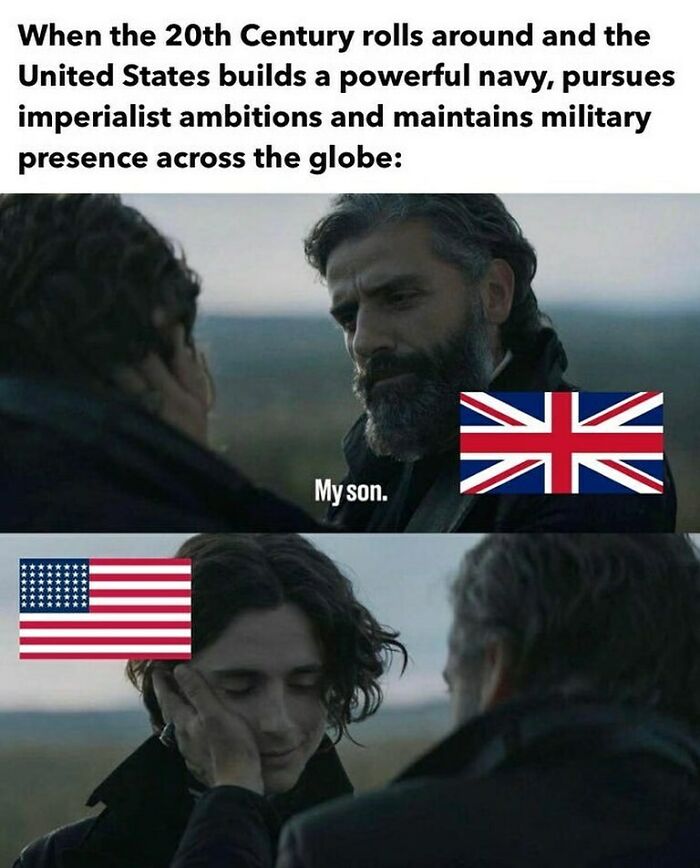 Historical meme showing the UK as a father calling the USA his son during 20th century imperialism.