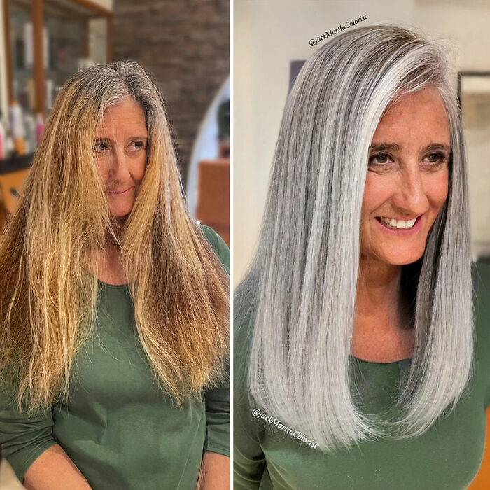 Before and after hair transformation by celebrity hair colorist Jack Martin showcasing beautiful gray hair color.
