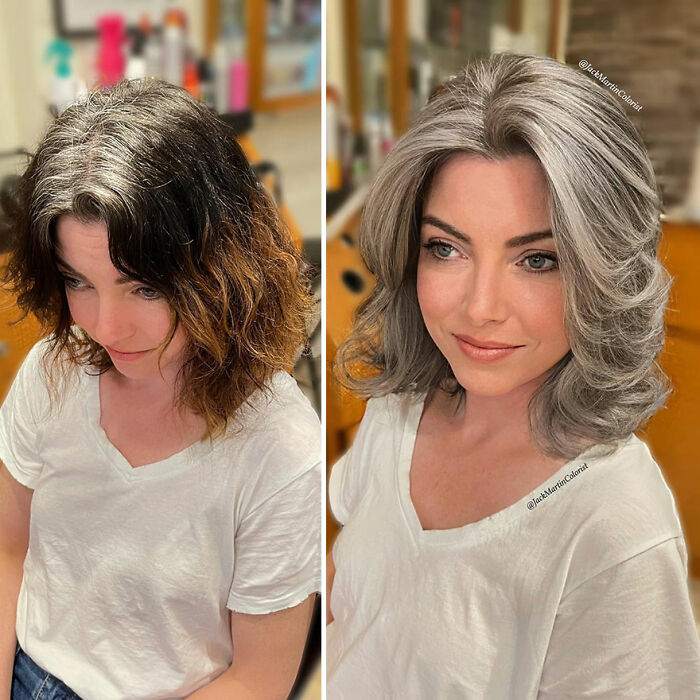 Before and after hair transformation by celebrity hair colorist Jack Martin, showcasing stunning gray hair color and style.