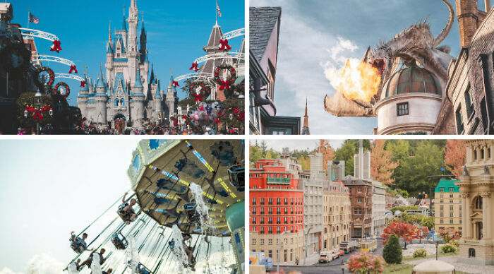 Collage of theme park attractions including castle, fire-breathing dragon, swing ride, and miniature cityscape for poll choices.