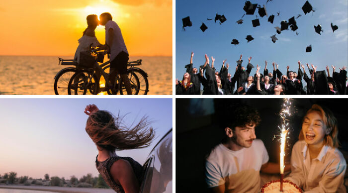 Four photos collage showing moments of celebration, sunset bike ride, graduation hat toss, and a joyful birthday scene for choose one lose the rest poll.