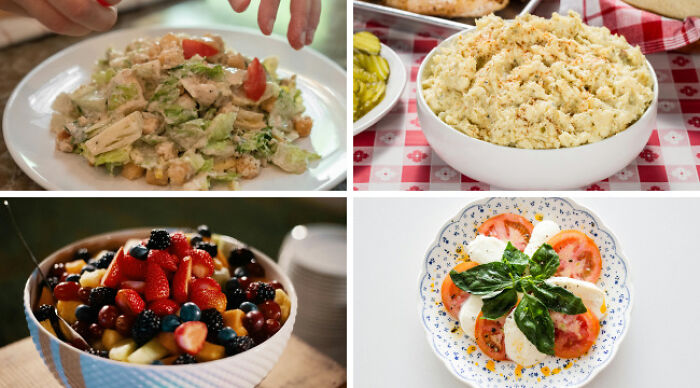 Four dishes including salad, mashed potatoes, fruit bowl, and caprese salad featured in a Choose One Lose The Rest poll.