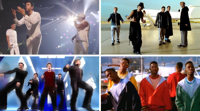 Boy bands performing on stage and in music videos, featured in a choose one lose the rest poll collage.