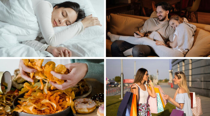Collage of people sleeping, relaxing on a couch, eating snacks, and shopping outdoors for Choose One Lose The Rest poll.
