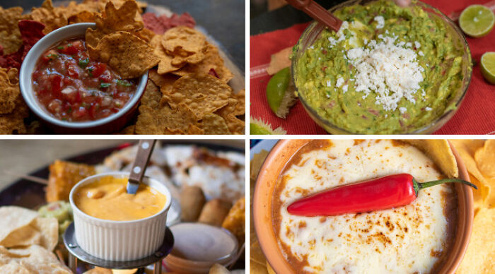 Four popular dips including salsa, guacamole, queso, and chili cheese with chips featured in a choose one lose the rest poll