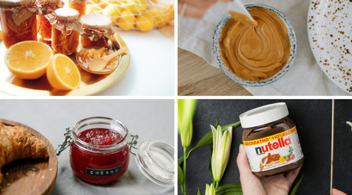 Various spreads including orange marmalade, peanut butter, cherry jam, and Nutella showcased for choose one lose the rest poll
