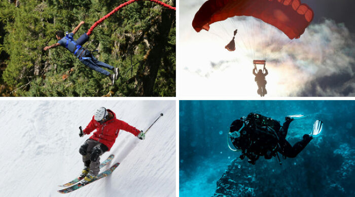 Collage of adventure activities including bungee jumping, skydiving, skiing, and scuba diving for choose one lose the rest poll.