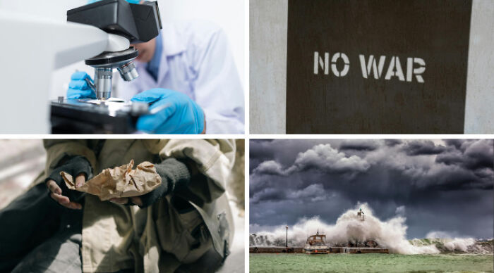 Collage showing scientific research, anti-war message, homelessness, and storm waves illustrating choose one lose the rest poll concepts.