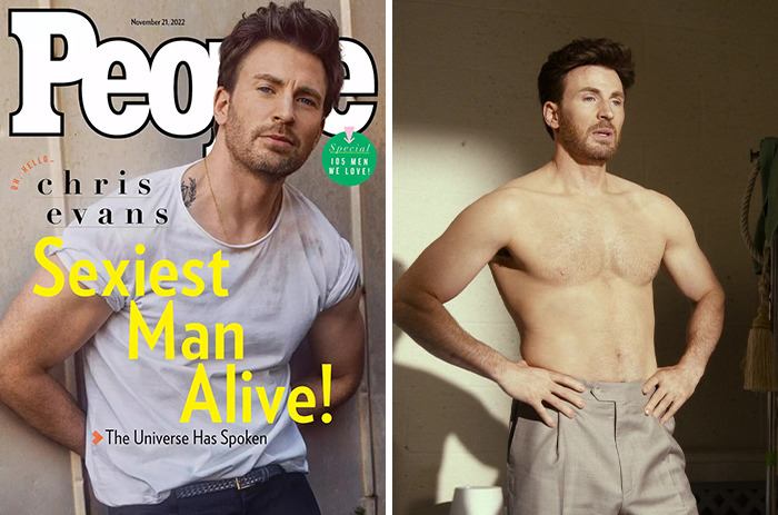 Chris Evans featured as Sexiest Man Alive winner, showcasing his physique and style in a split image pose.