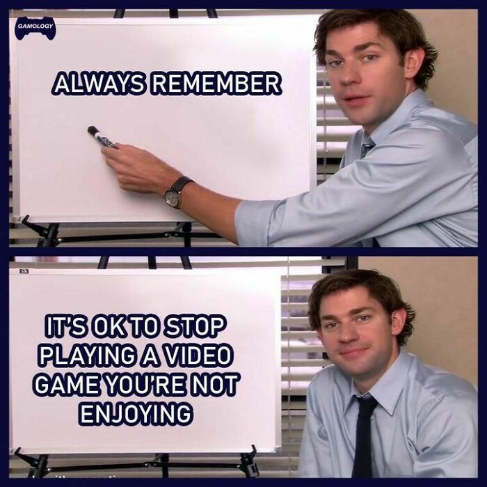 Man in a blue shirt pointing to a whiteboard with gaming advice for dads who just want to game in peace.