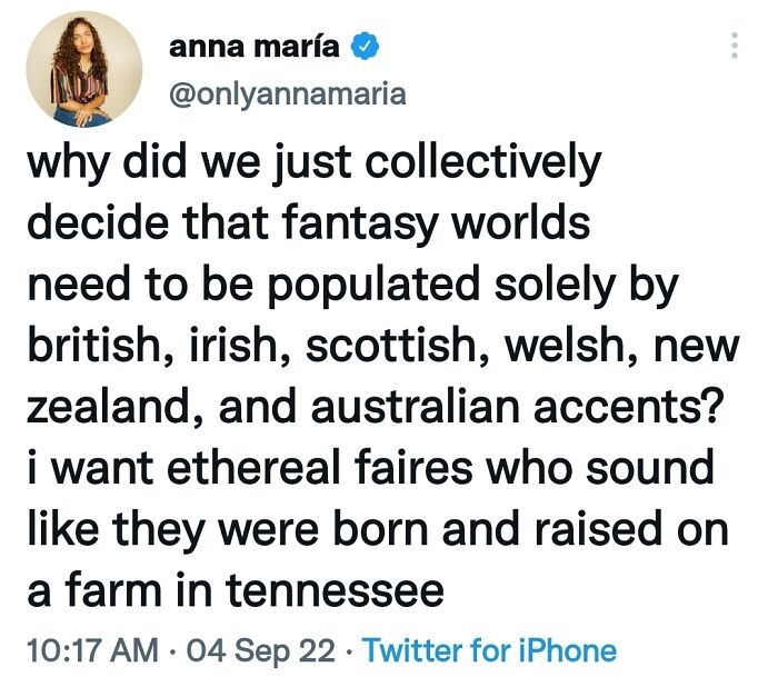 Tweet about fantasy worlds and accents, shared in the context of funny memes for dads who just want to game in peace.