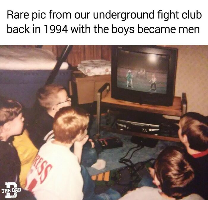Group of boys playing retro video games on TV, capturing nostalgic gaming moments for funny memes for dads who just want to game in peace.