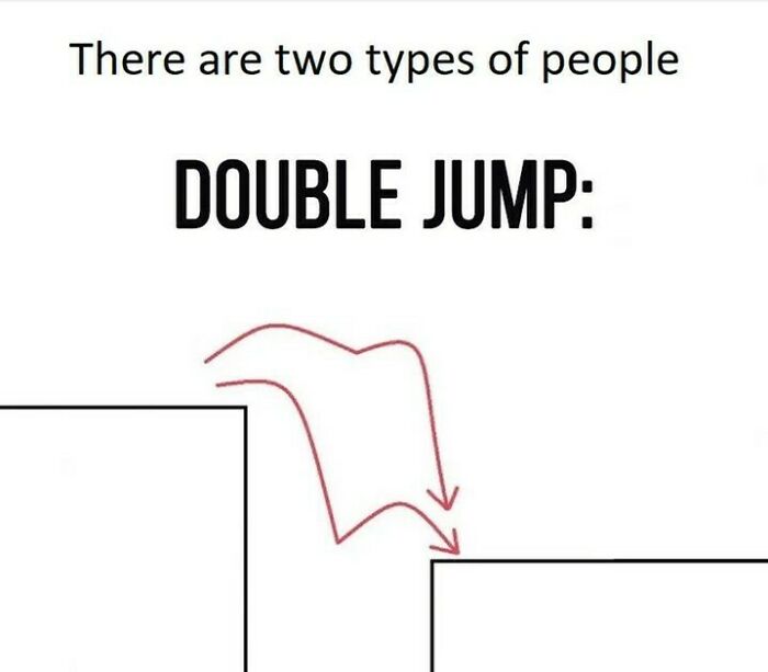 Two types of gamers illustrated with a red line showing different styles of performing a double jump in video games.