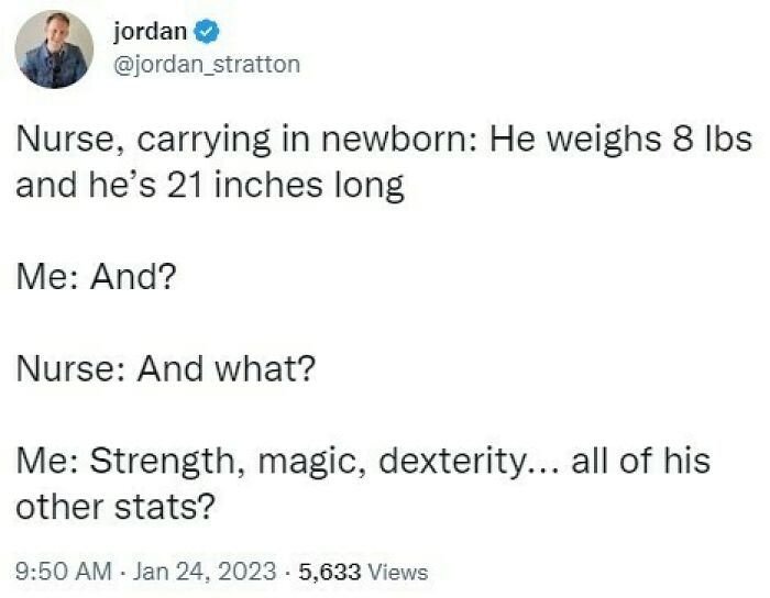Tweet about a dad jokingly comparing his newborn's physical stats to video game character attributes in a funny gaming meme.