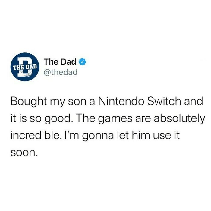 A funny dad tweet about buying a Nintendo Switch, highlighting memes for dads who just want to game in peace.