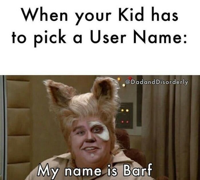 Funny meme for dads who just want to game in peace showing a man in a dog costume with the caption about picking a username.