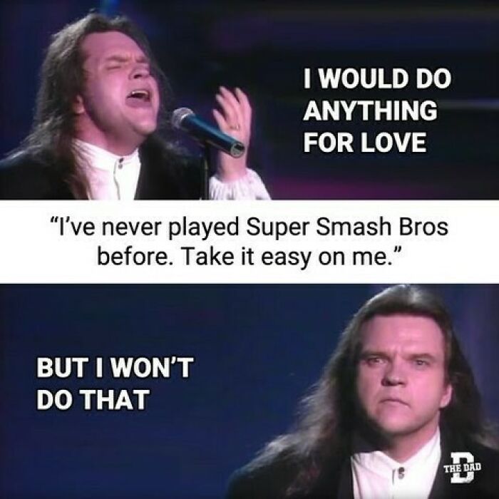 Man singing passionately and a serious man with long hair, humorous gaming meme for dads who want to game in peace.