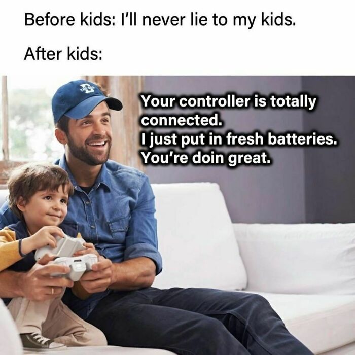 Dad and child playing video games together, with a humorous meme about gaming peace and controller batteries.