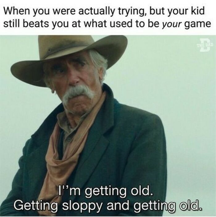 Older man in a cowboy hat looking disappointed about kids beating him in gaming in this funny memes for dads who just want to game in peace.
