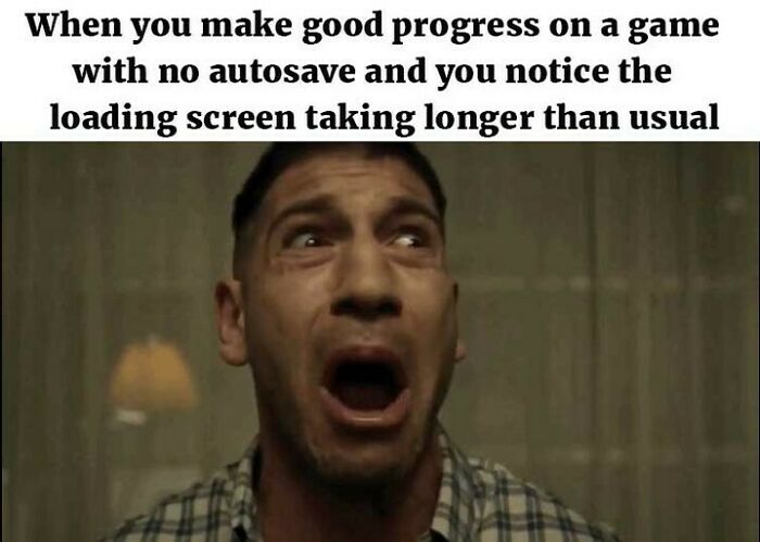 Man with shocked expression reacting to a loading screen, illustrating funny memes for dads who just want to game in peace.